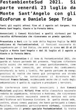 FESTAMBIENTESUD 2021. SI PARTE VENERD&Igrave; 23 LUGLIO DA MONTE SANT'ANGELO CON GLI ECOFORUM E DANIELE SEPE TRIO - ILSOTTOSOPRA