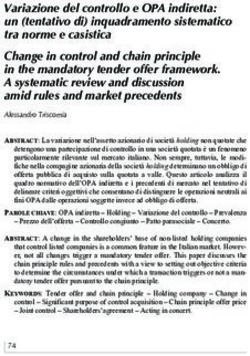 Variazione del controllo e OPA indiretta: un (tentativo di) inquadramento sistematico tra norme e casistica Change in control and chain principle ...
